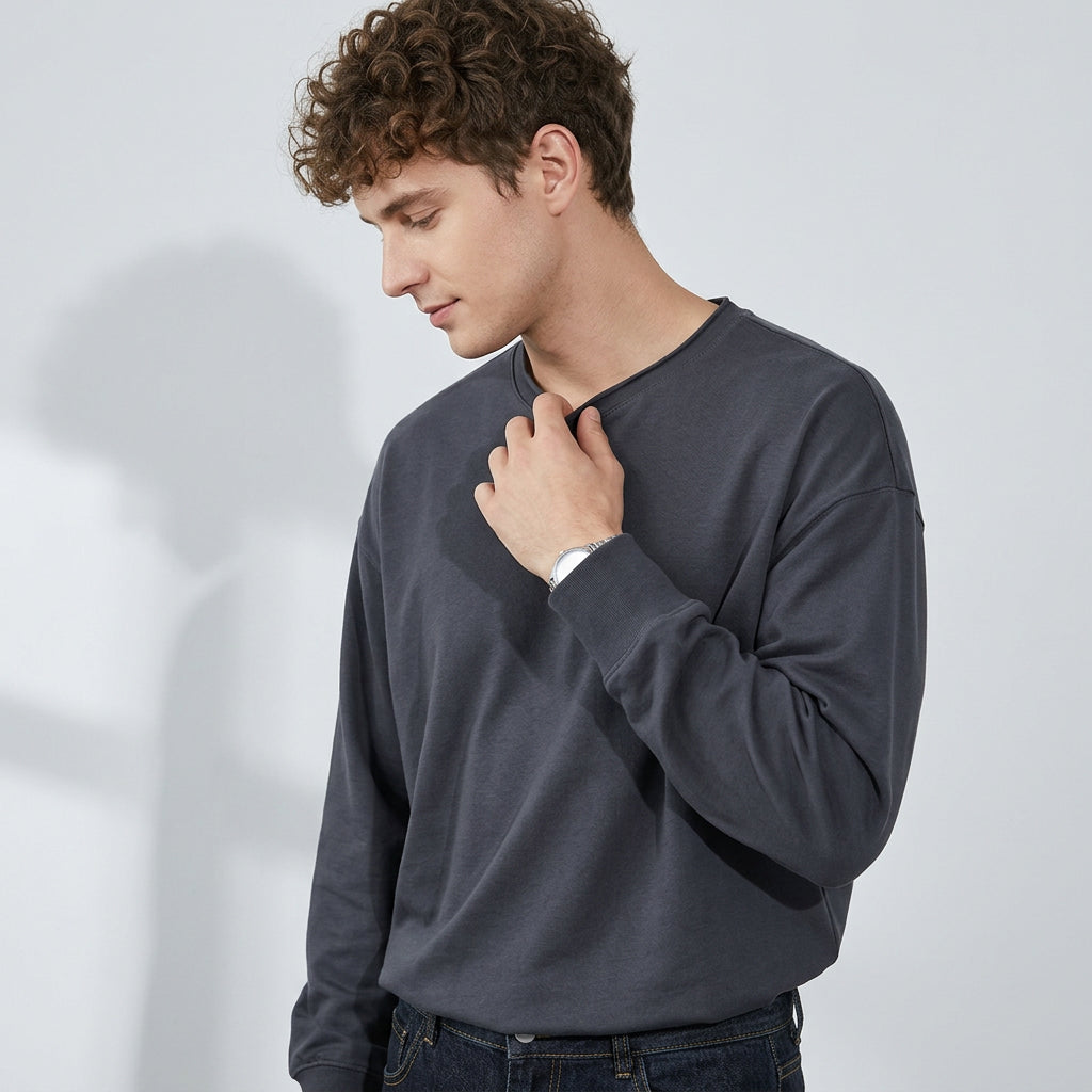 100% Cotton Long Sleeve Tee  - CARBONASH