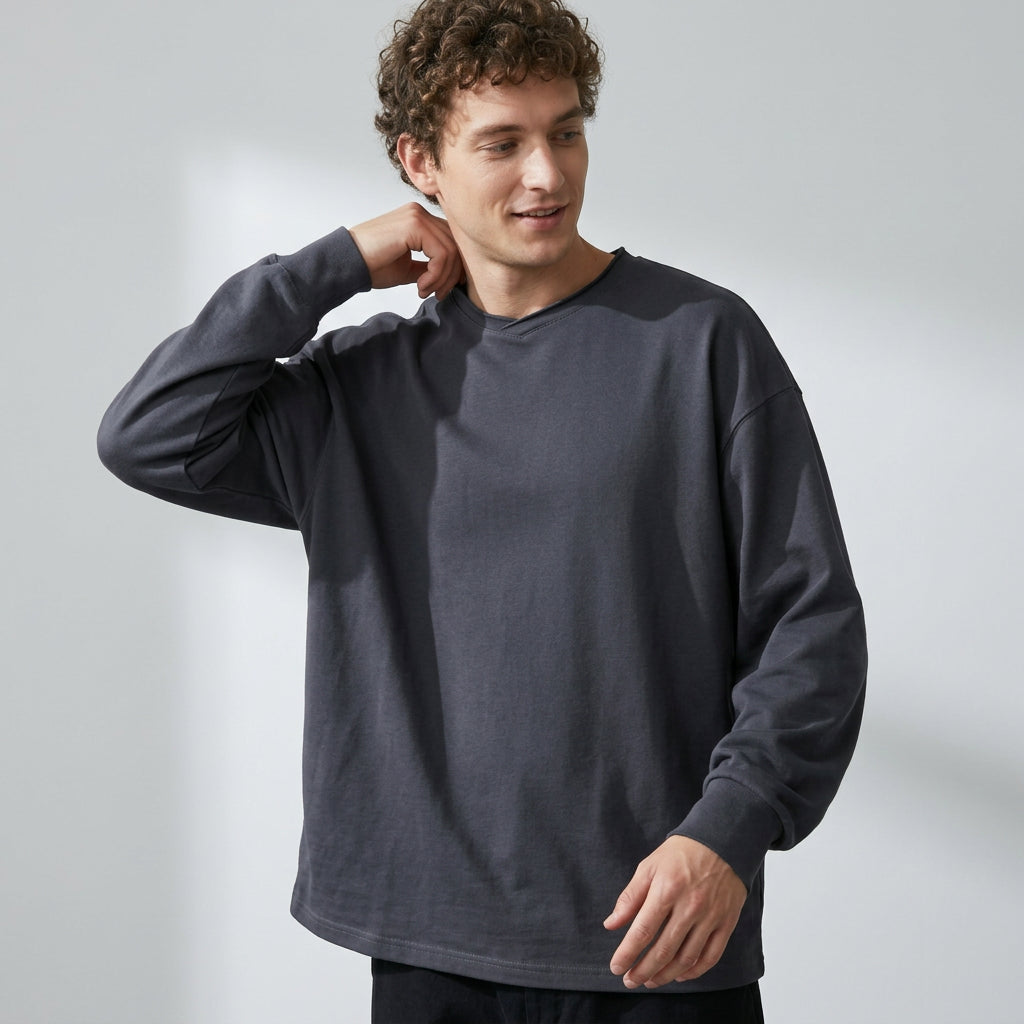 100% Cotton Long Sleeve Tee  - CARBONASH
