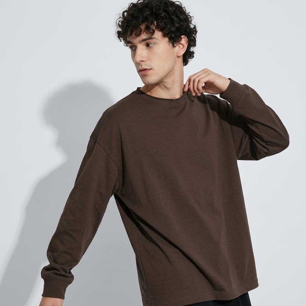 100% Cotton Long Sleeve Tee  - BROWN