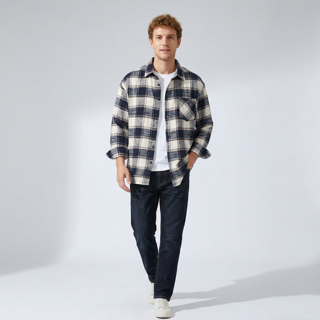 Retro Fit  Plaid Shirt  - BLUE