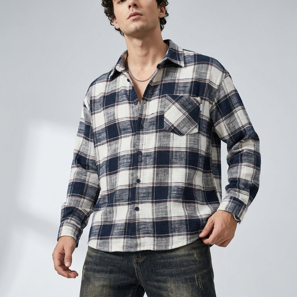 Retro Fit  Plaid Shirt  - BLUE