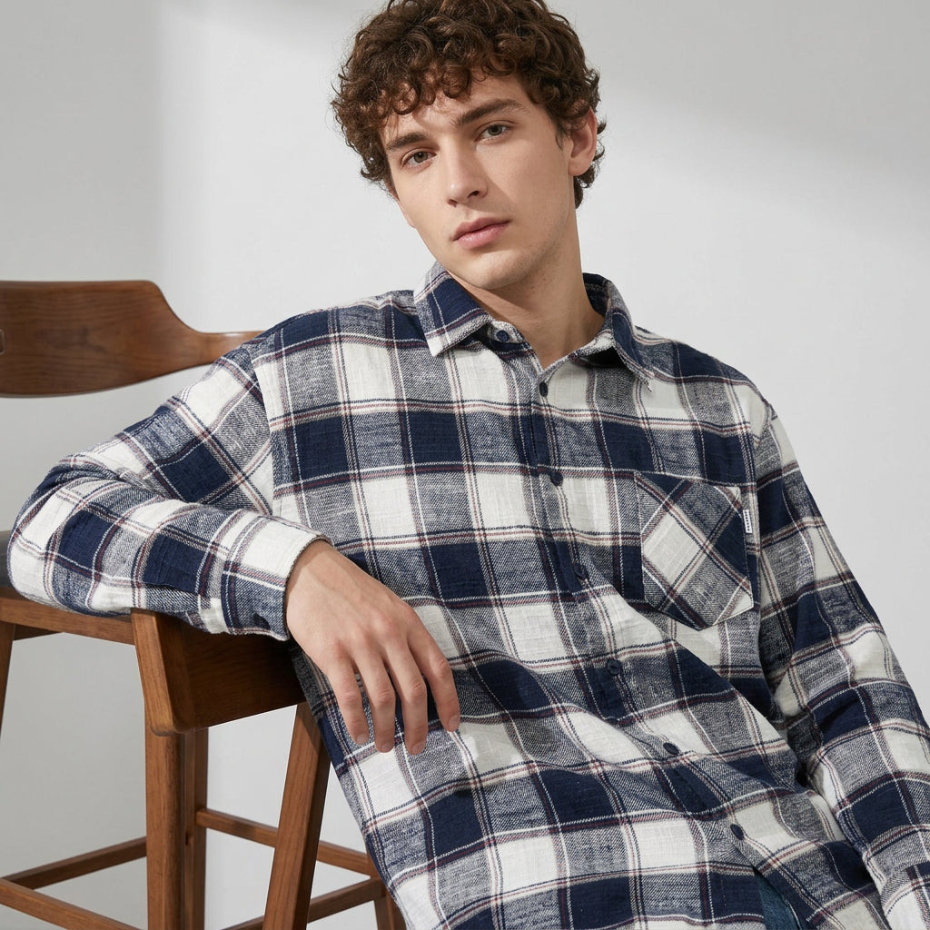 Retro Fit  Plaid Shirt  - BLUE