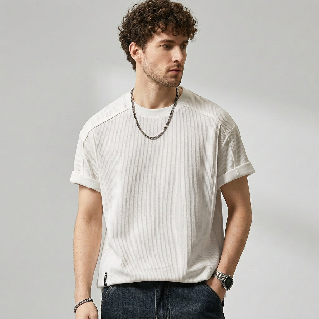 Ribbed Crewneck Tee Shirt in Off White