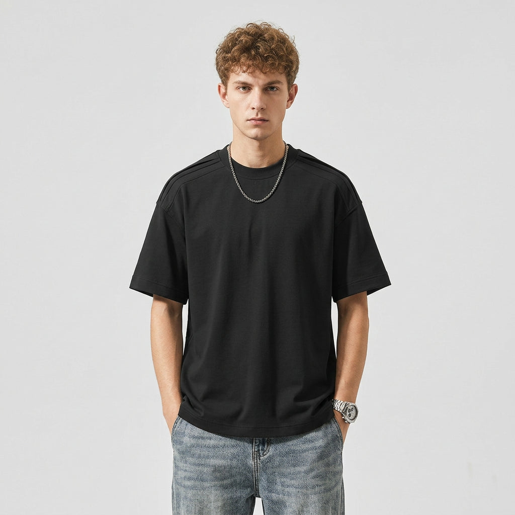 Cool-Touch Cotton Tee with Deconstructed Patchwork  - BLACK
