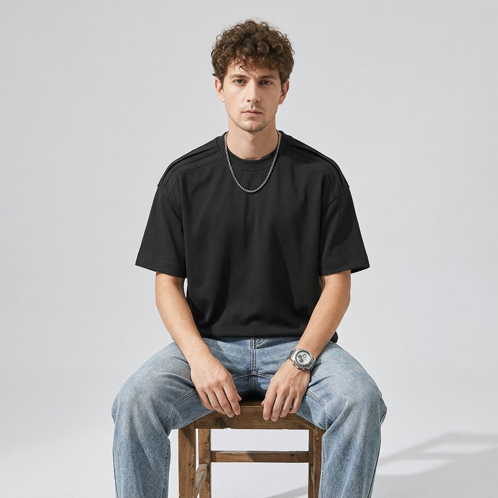 Cool-Touch Cotton Tee with Deconstructed Patchwork  - BLACK