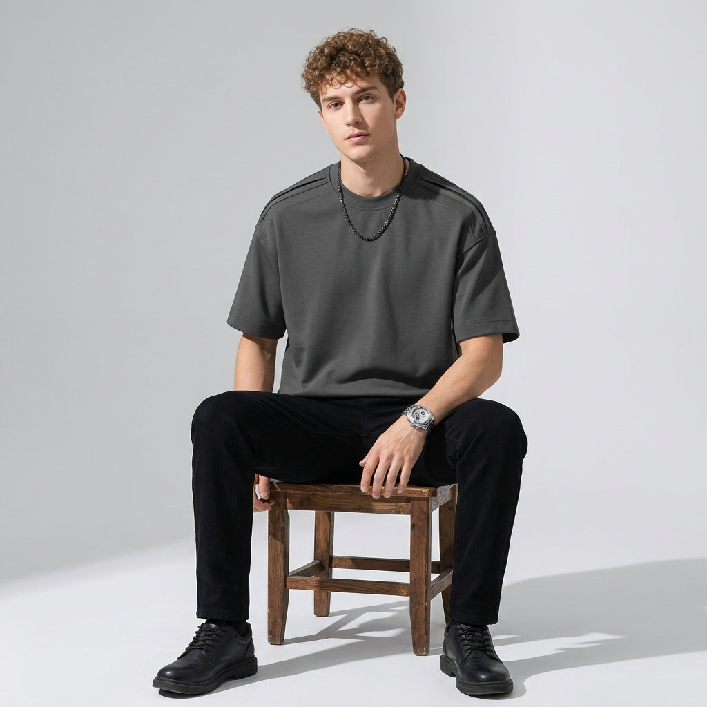 Cool-Touch Cotton Tee with Deconstructed Patchwork  - DARKGRAY