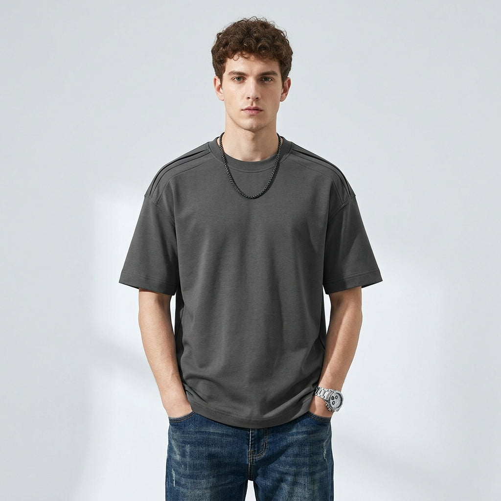 Cool-Touch Cotton Tee with Deconstructed Patchwork  - DARKGRAY