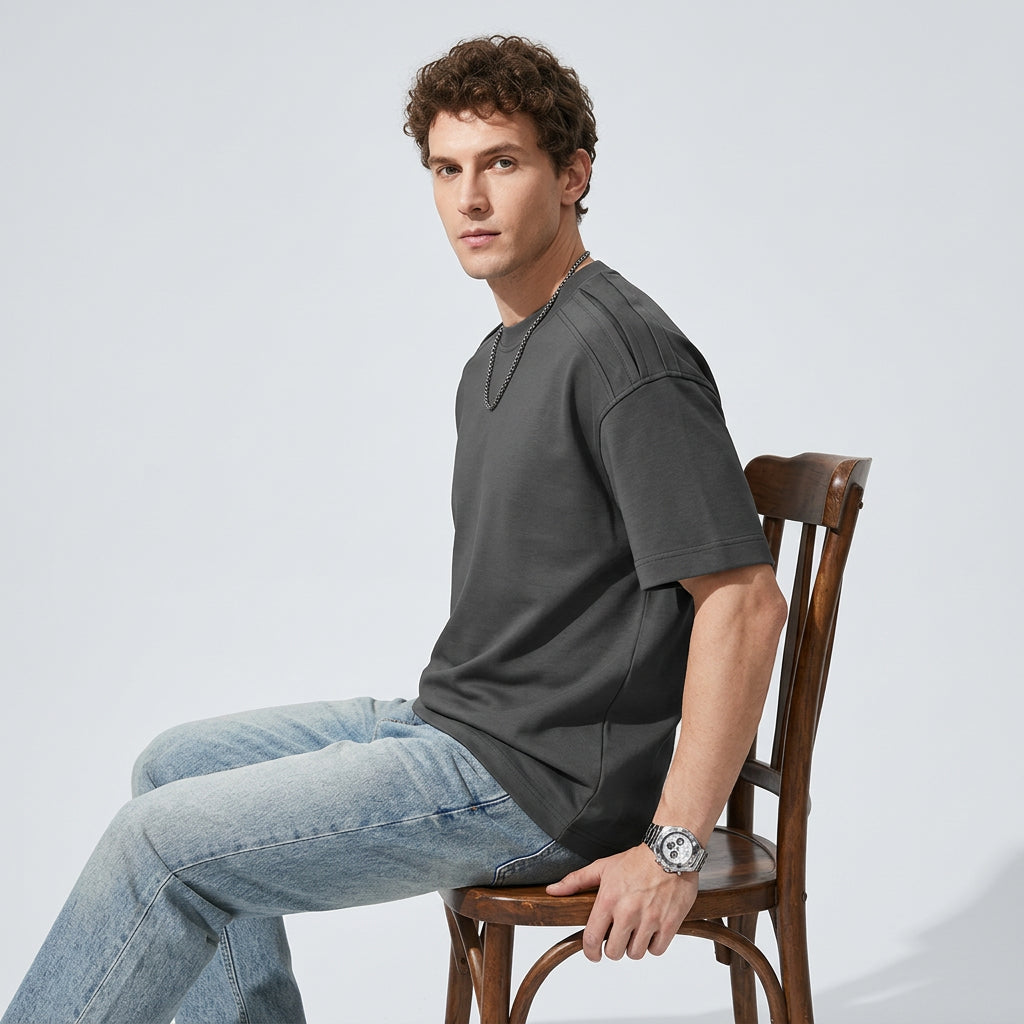 Cool-Touch Cotton Tee with Deconstructed Patchwork  - DARKGRAY