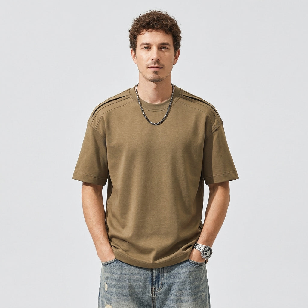 Cool-Touch Cotton Tee with Deconstructed Patchwork  - LIGHTBROWN
