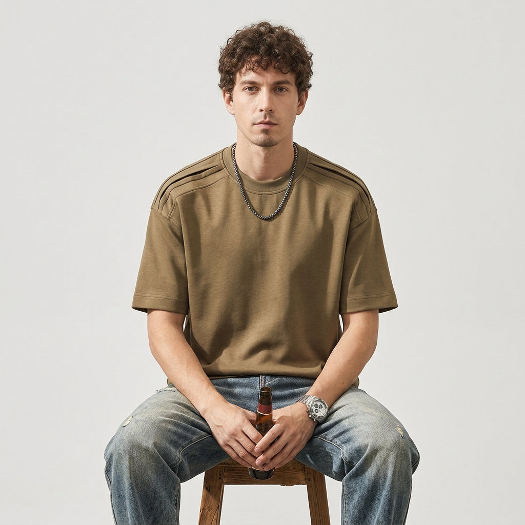 Cool-Touch Cotton Tee with Deconstructed Patchwork  - LIGHTBROWN