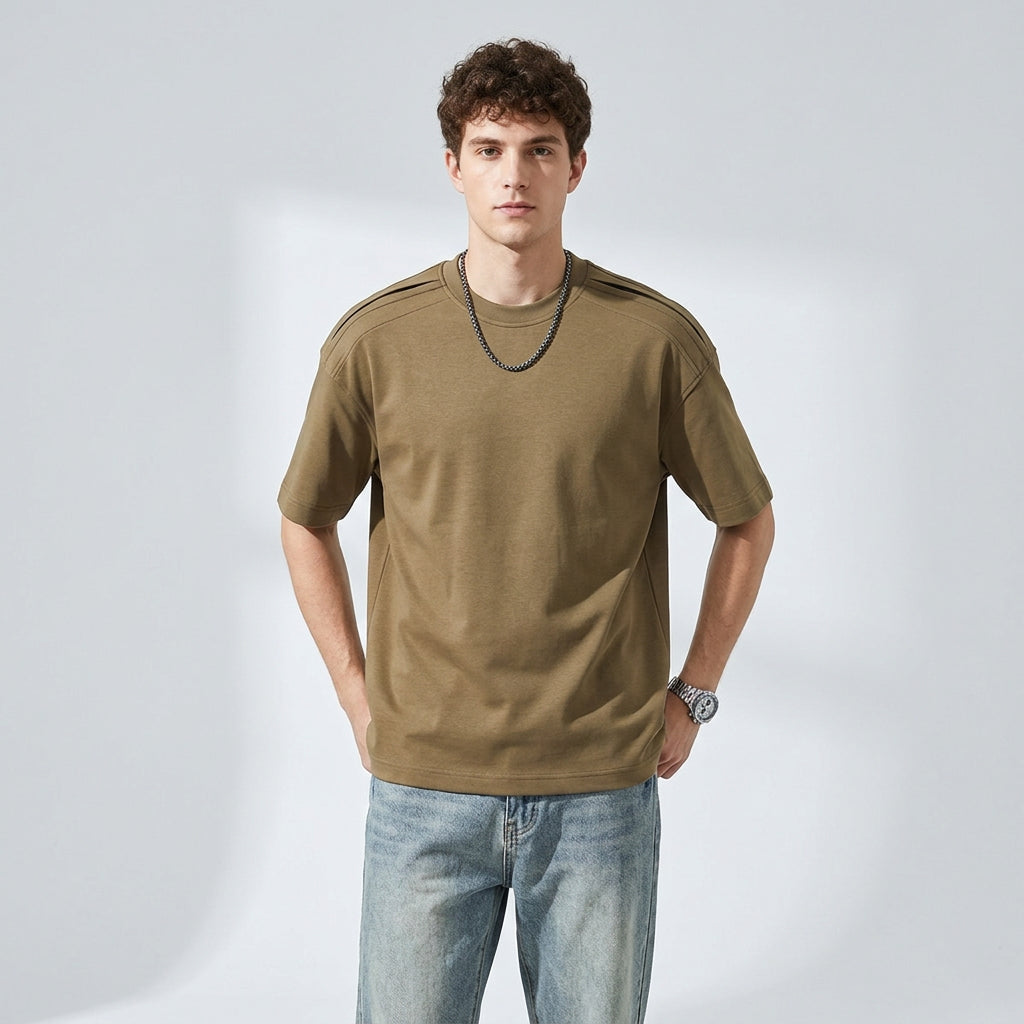 Cool-Touch Cotton Tee with Deconstructed Patchwork  - LIGHTBROWN
