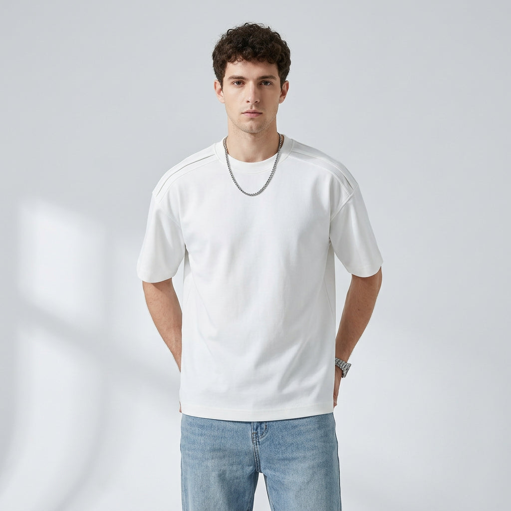 Cool-Touch Cotton Tee with Deconstructed Patchwork  - WHITE