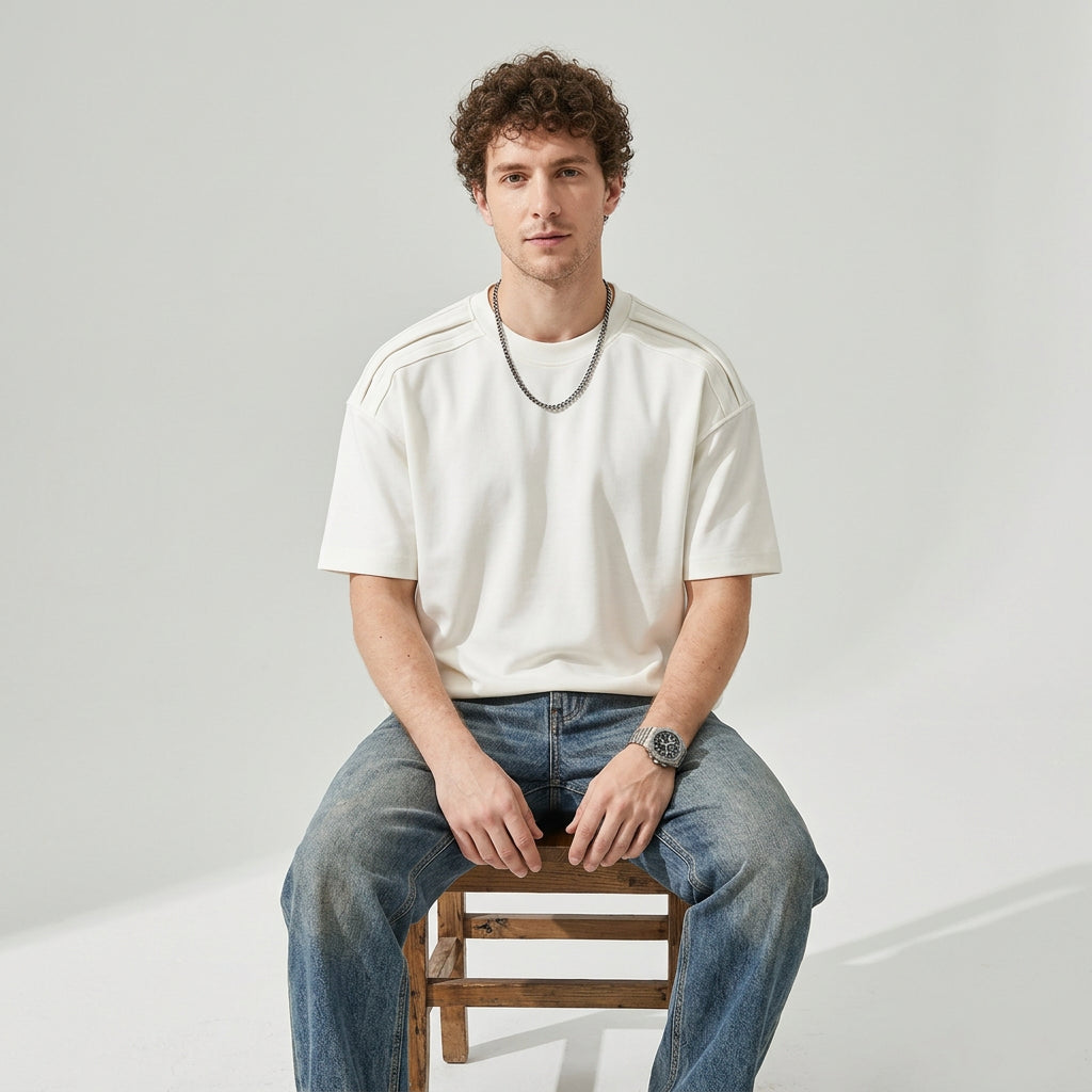 Cool-Touch Cotton Tee with Deconstructed Patchwork  - WHITE