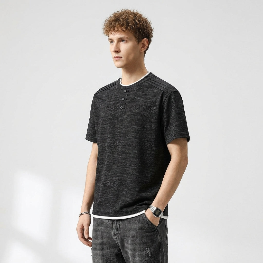 Retro Henley Polo T-Shirt in in Melange Grey