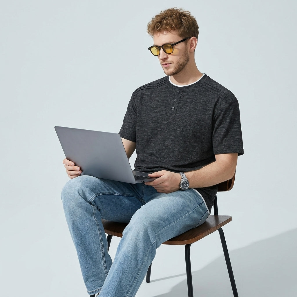 Retro Henley Polo T-Shirt in in Melange Grey