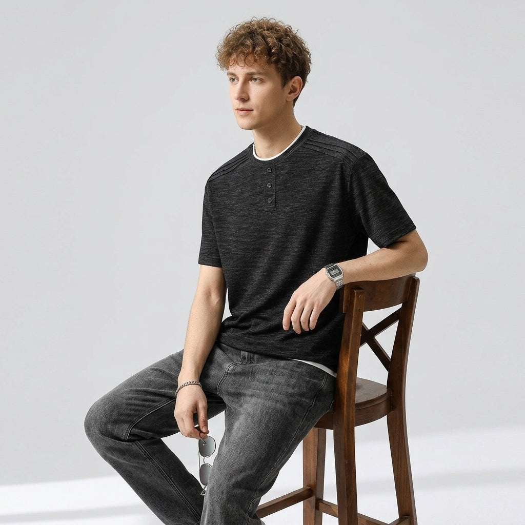 Retro Henley Polo T-Shirt in in Melange Grey