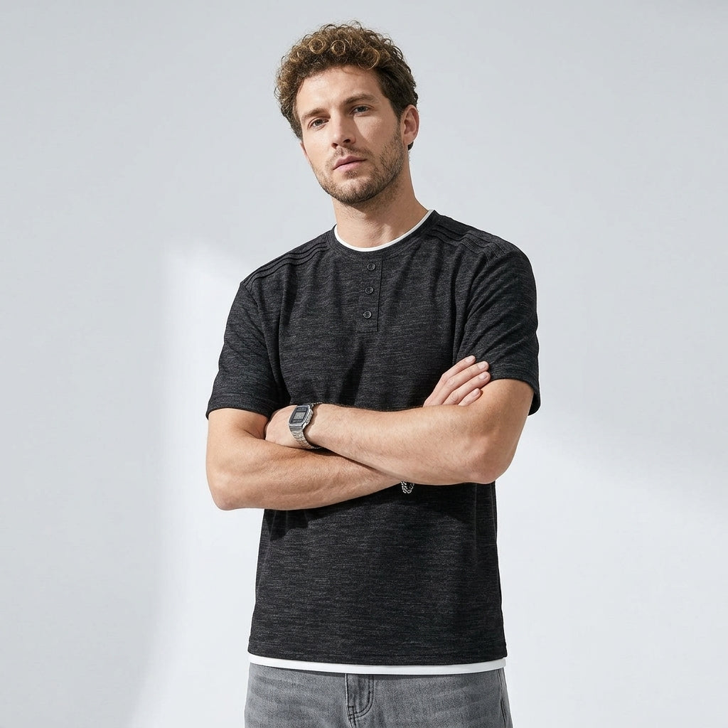 Retro Henley Polo T-Shirt in in Melange Grey