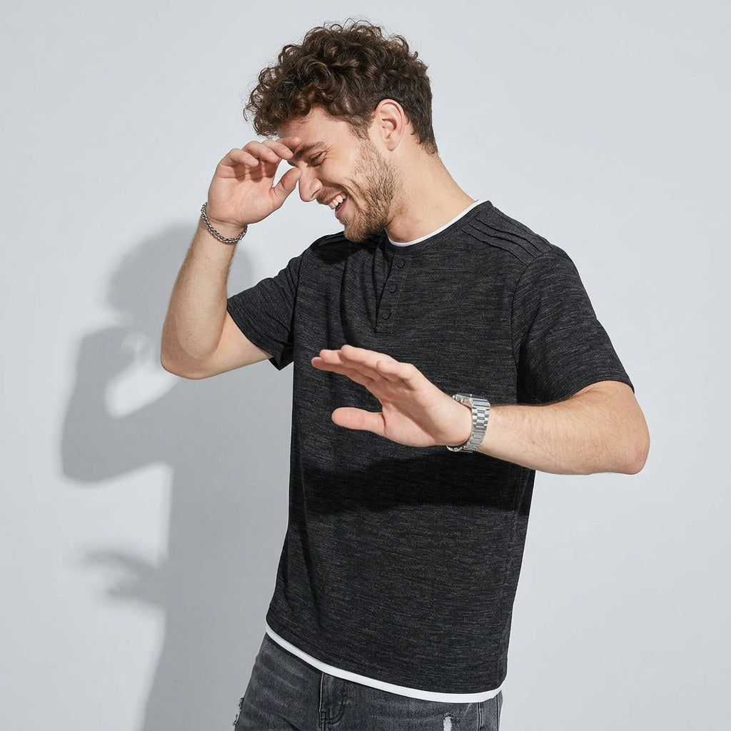 Retro Henley Polo T-Shirt in in Melange Grey