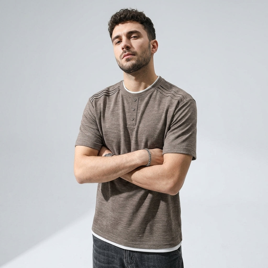 Retro Henley Polo T-Shirt in Khaki