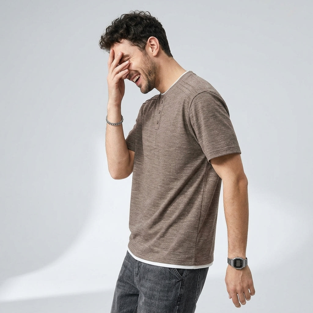 Retro Henley Polo T-Shirt in Khaki