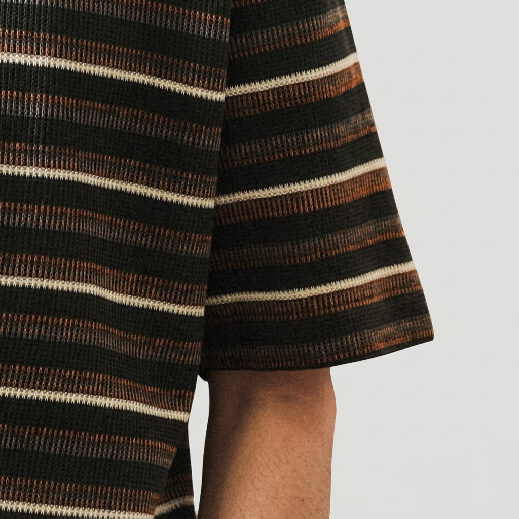 Knitted Striped Crew Neck Summer Tee in Green and Orange