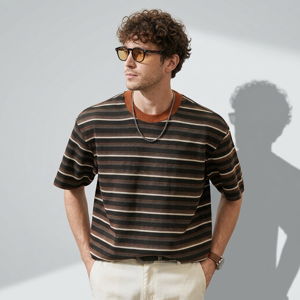 Knitted Striped Crew Neck Summer Tee in Green and Orange