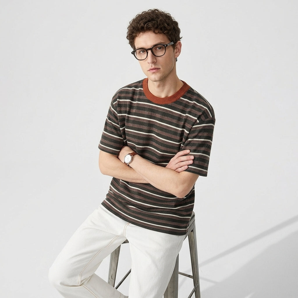 Knitted Striped Crew Neck Summer Tee in Green and Orange