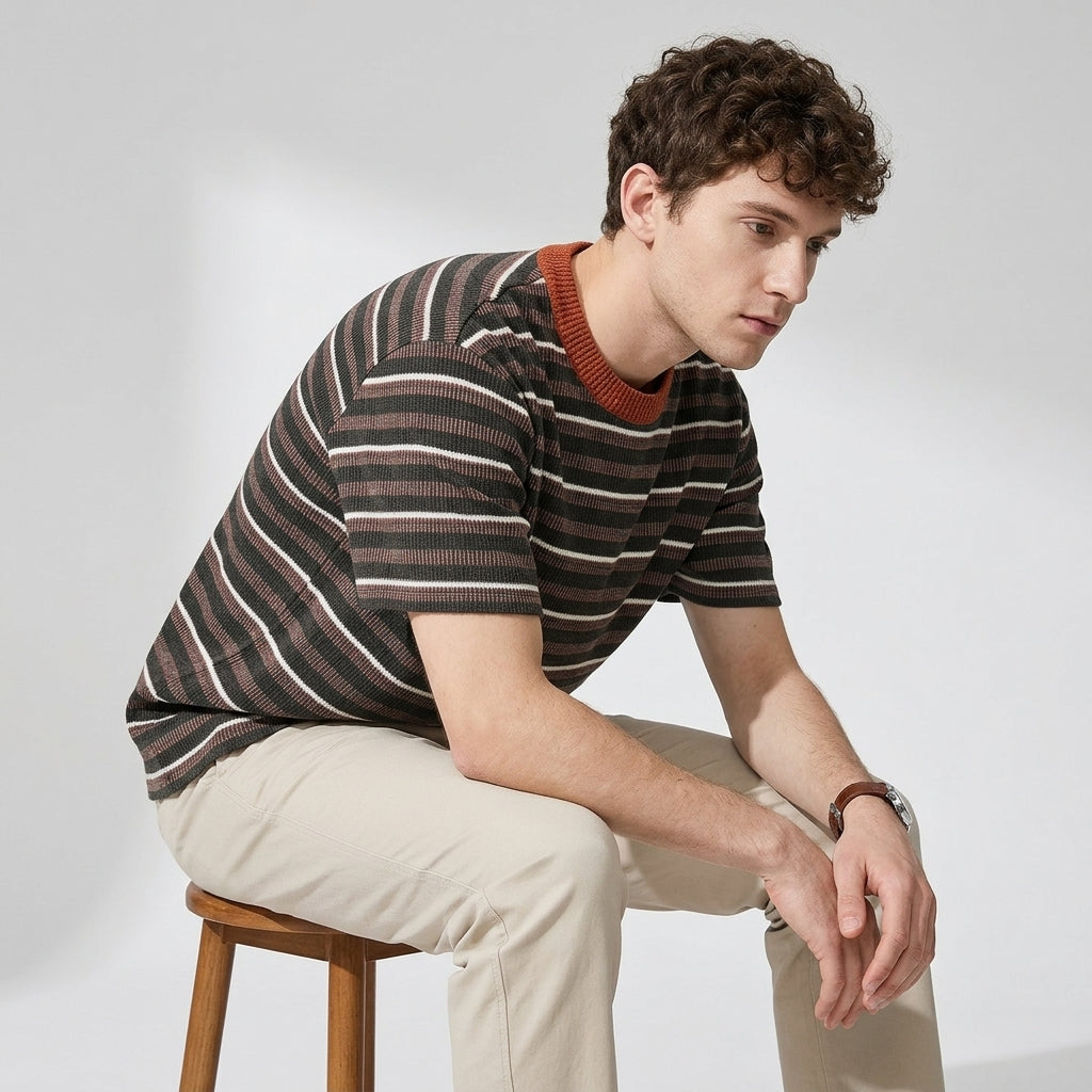 Knitted Striped Crew Neck Summer Tee in Green and Orange