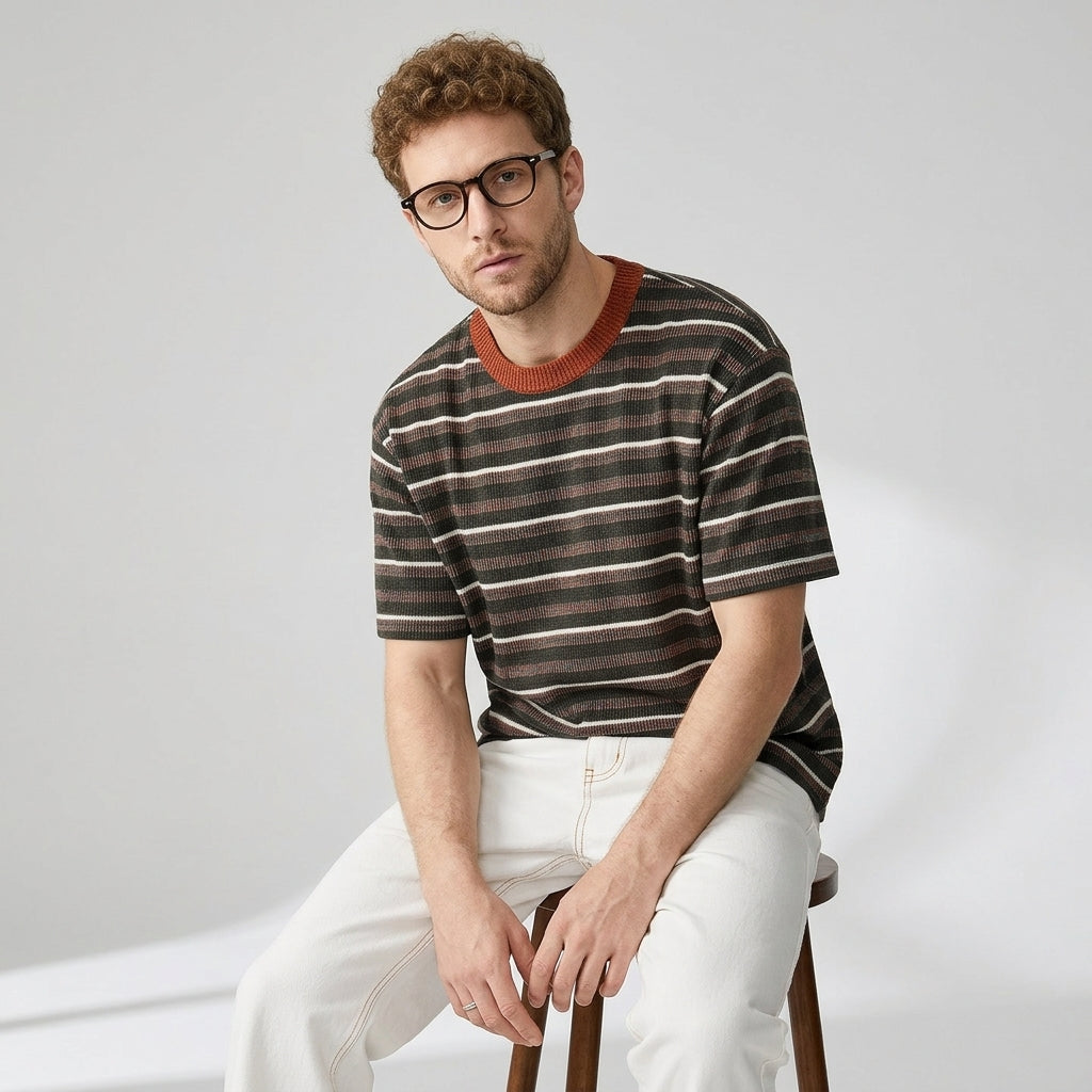 Knitted Striped Crew Neck Summer Tee in Green and Orange