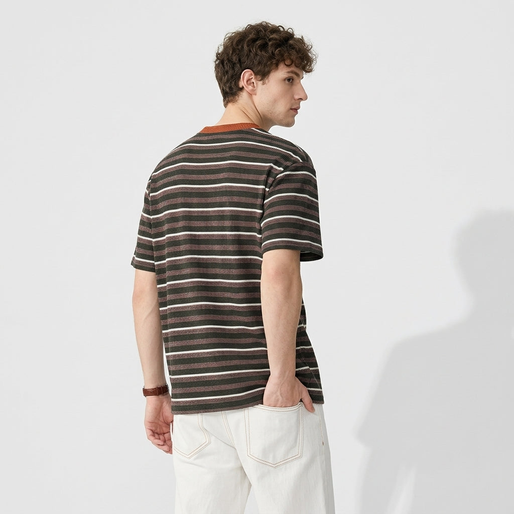 Knitted Striped Crew Neck Summer Tee in Green and Orange