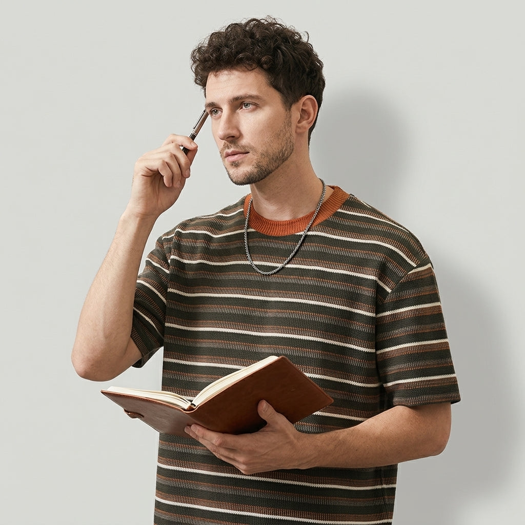 Knitted Striped Crew Neck Summer Tee in Green and Orange