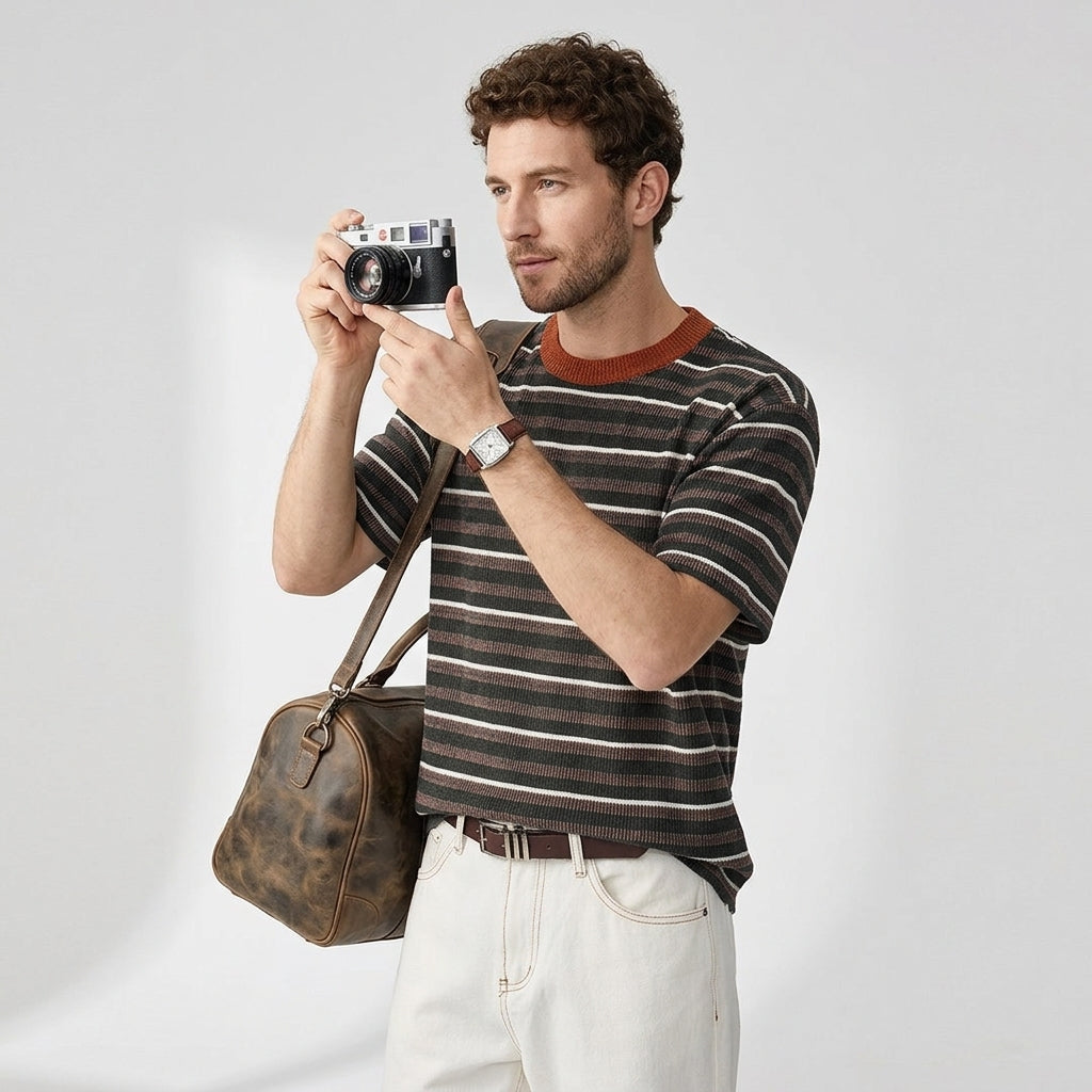 Knitted Striped Crew Neck Summer Tee in Green and Orange