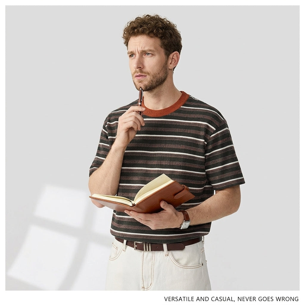 Knitted Striped Crew Neck Summer Tee in Green and Orange