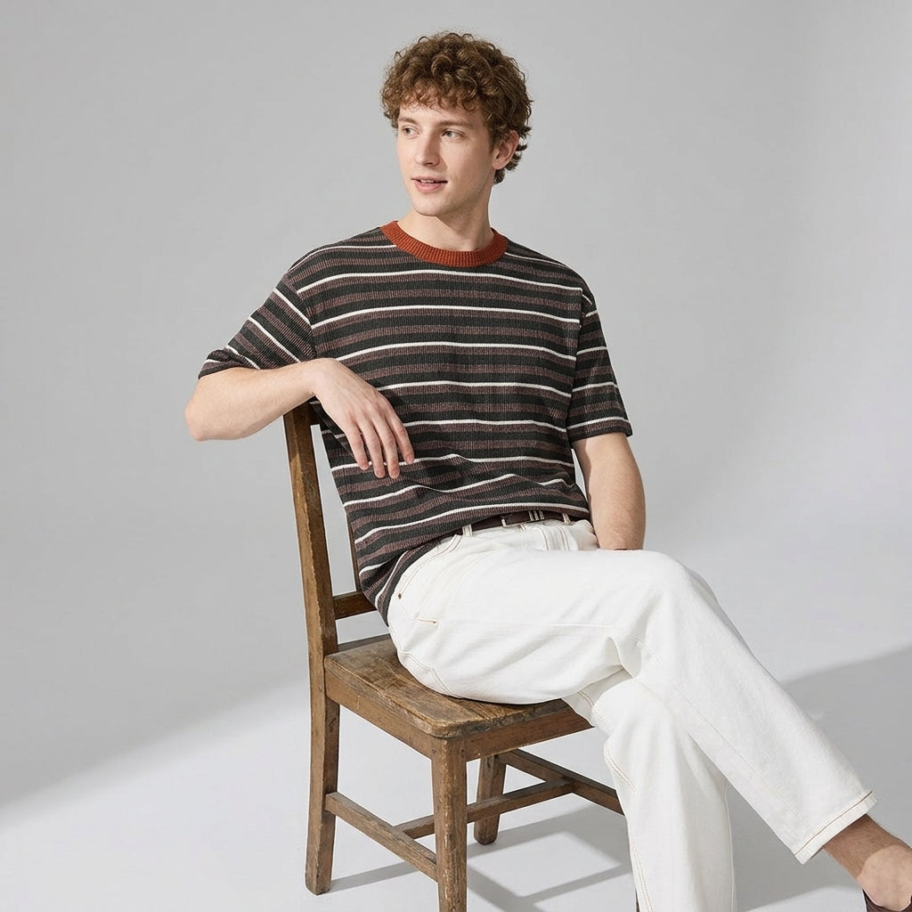 Knitted Striped Crew Neck Summer Tee in Green and Orange