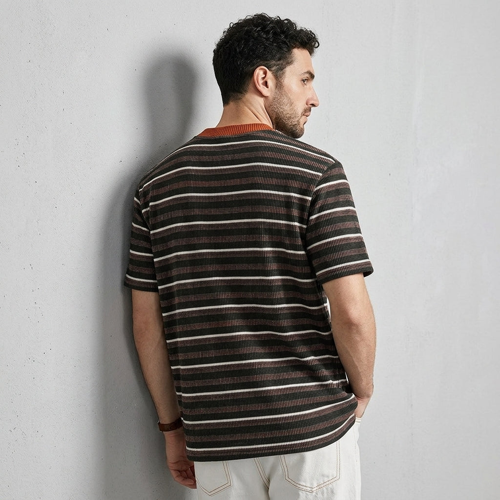 Knitted Striped Crew Neck Summer Tee in Green and Orange