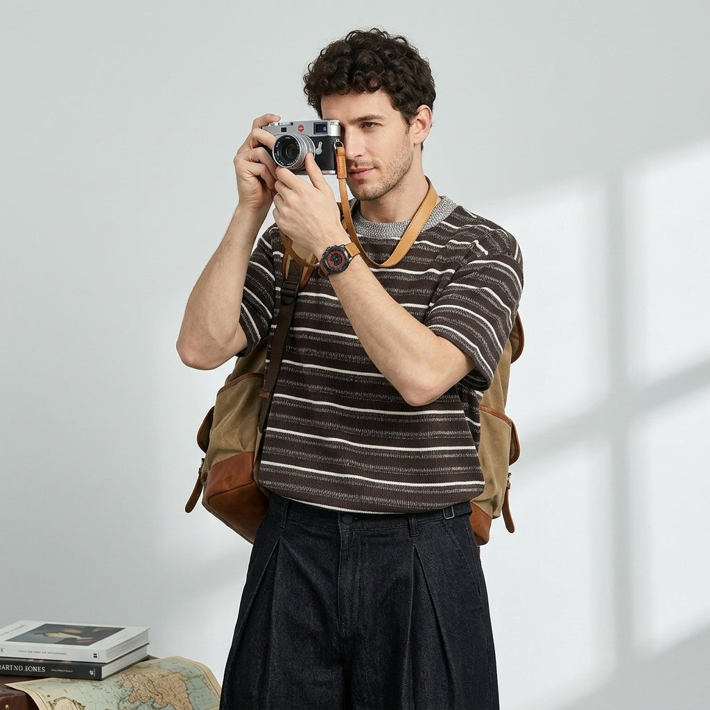 Knitted Striped Crew Neck Summer Tee in Coffee