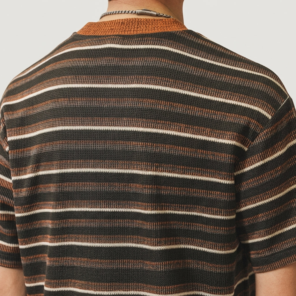 Knitted Striped Crew Neck Summer Tee in Green and Orange