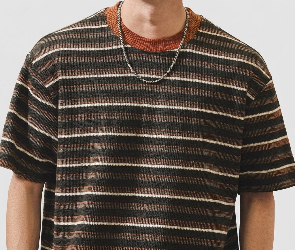 Knitted Striped Crew Neck Summer Tee in Green and Orange