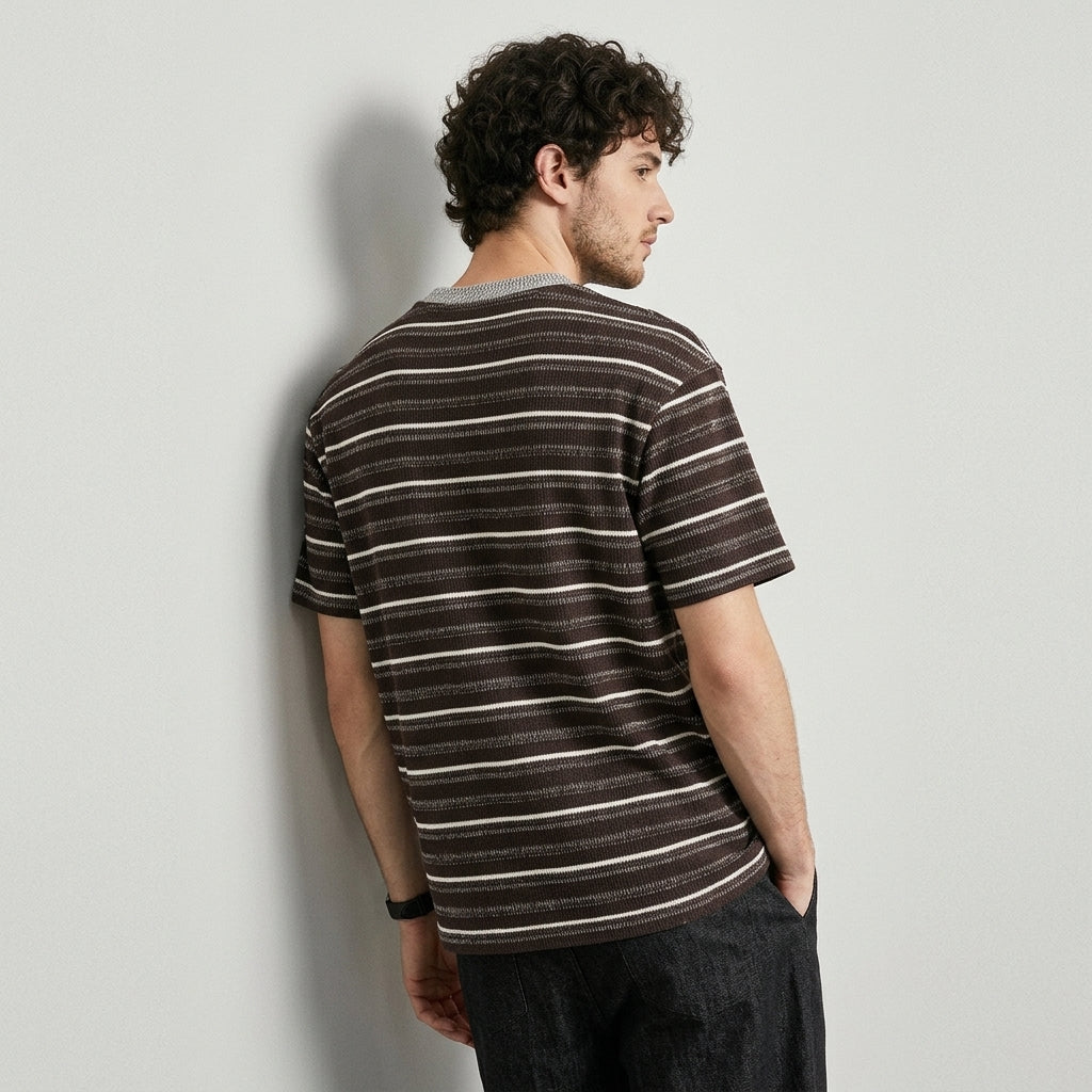 Knitted Striped Crew Neck Summer Tee in Coffee