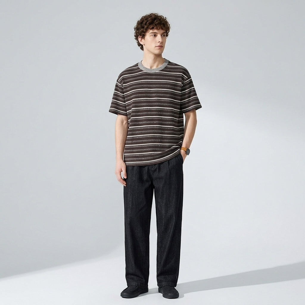 Knitted Striped Crew Neck Summer Tee in Coffee