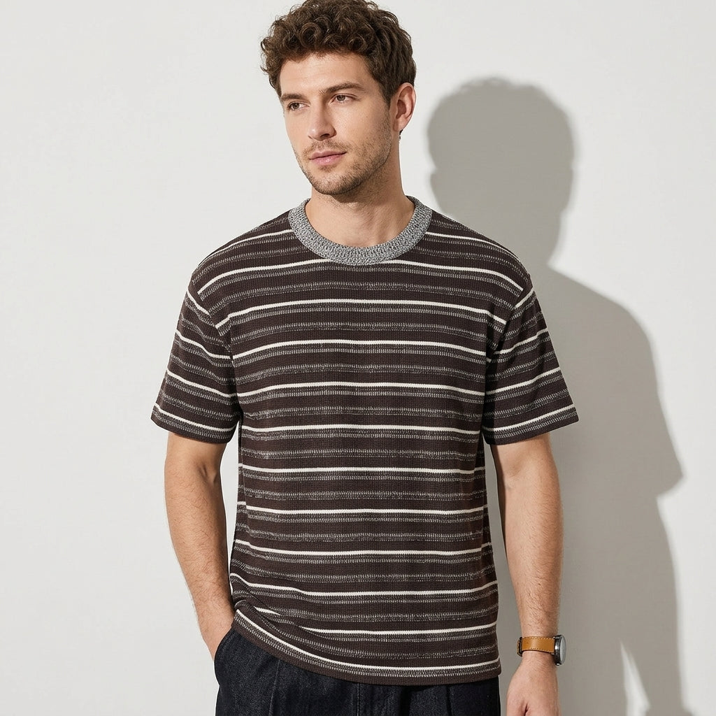 Knitted Striped Crew Neck Summer Tee in Coffee