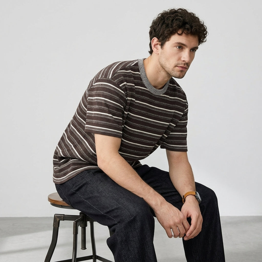 Knitted Striped Crew Neck Summer Tee in Coffee