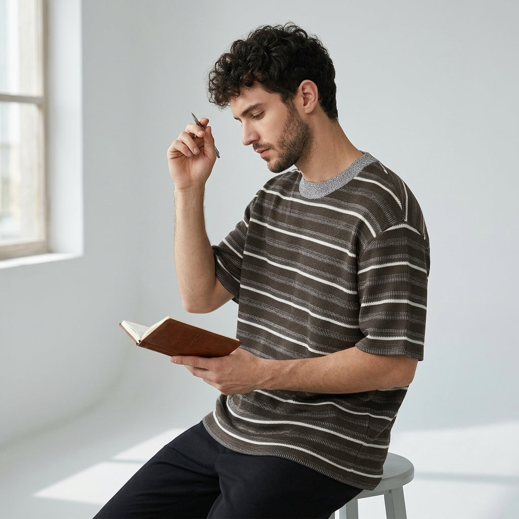Knitted Striped Crew Neck Summer Tee in Coffee