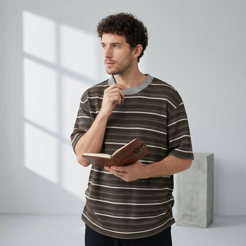 Knitted Striped Crew Neck Summer Tee in Coffee