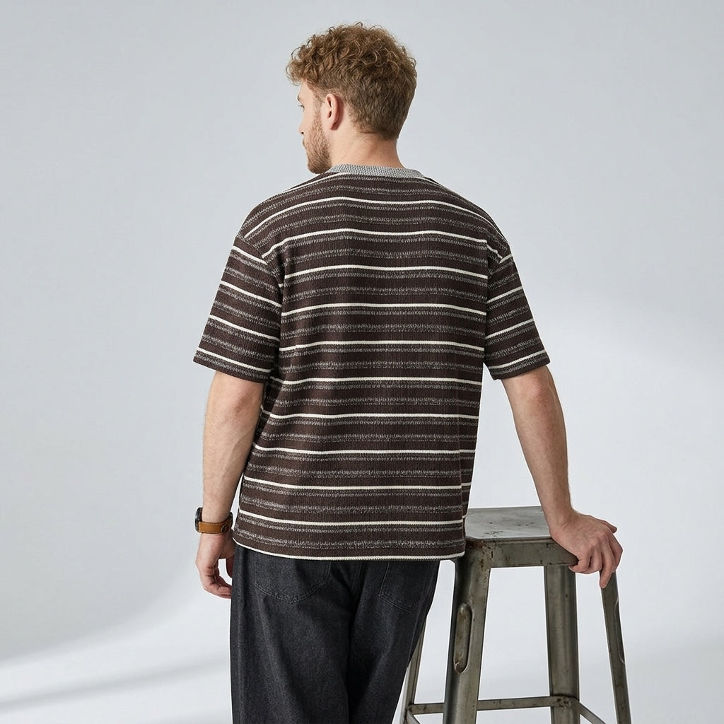 Knitted Striped Crew Neck Summer Tee in Coffee