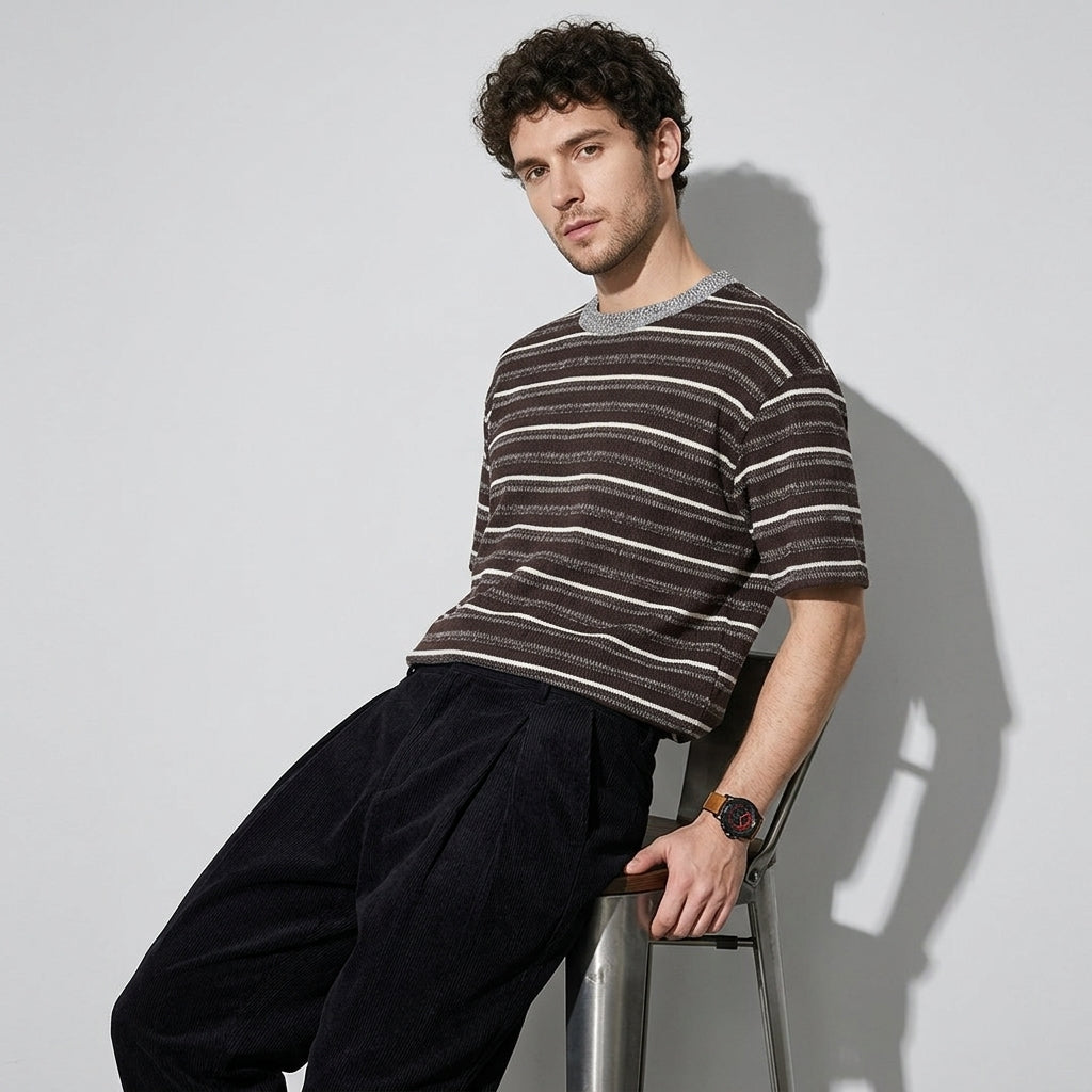 Knitted Striped Crew Neck Summer Tee in Coffee