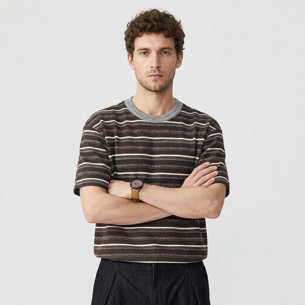 Knitted Striped Crew Neck Summer Tee in Coffee
