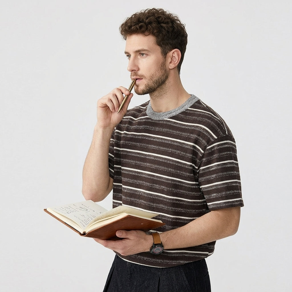 Knitted Striped Crew Neck Summer Tee in Coffee