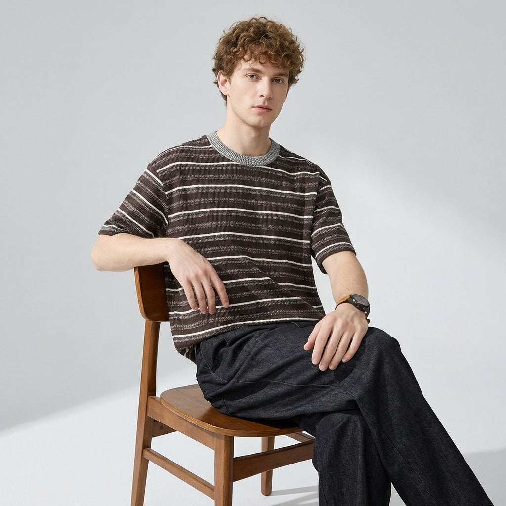 Knitted Striped Crew Neck Summer Tee in Coffee
