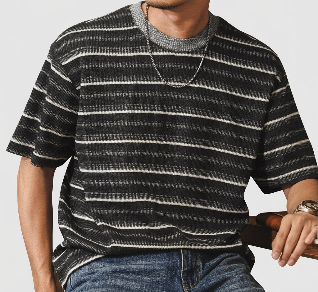 Knitted Striped Crew Neck Summer Tee in Coffee